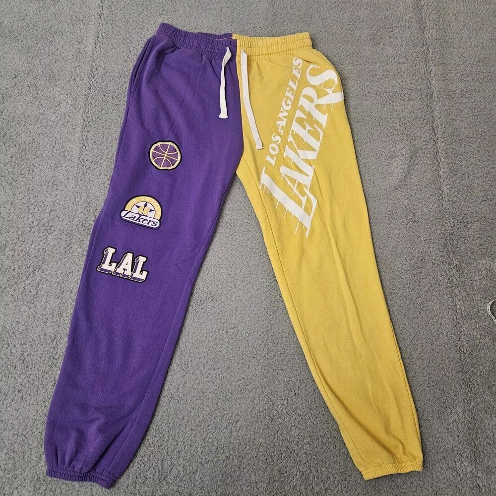 LA Lakers NBA Purple Yellow Sweatpants‎ SMALL Embroidered patches Los Angeles